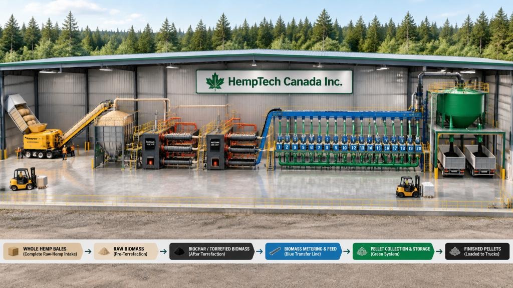 HempTech field-to-furnace process diagram showing the full production flow from hemp bales to finished biocoal pellets
